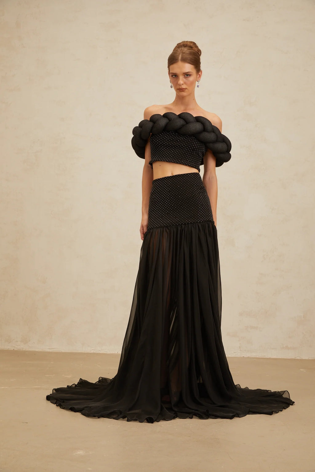 Camille Black Braid-Detail Rhinestone Embellished Crop Top