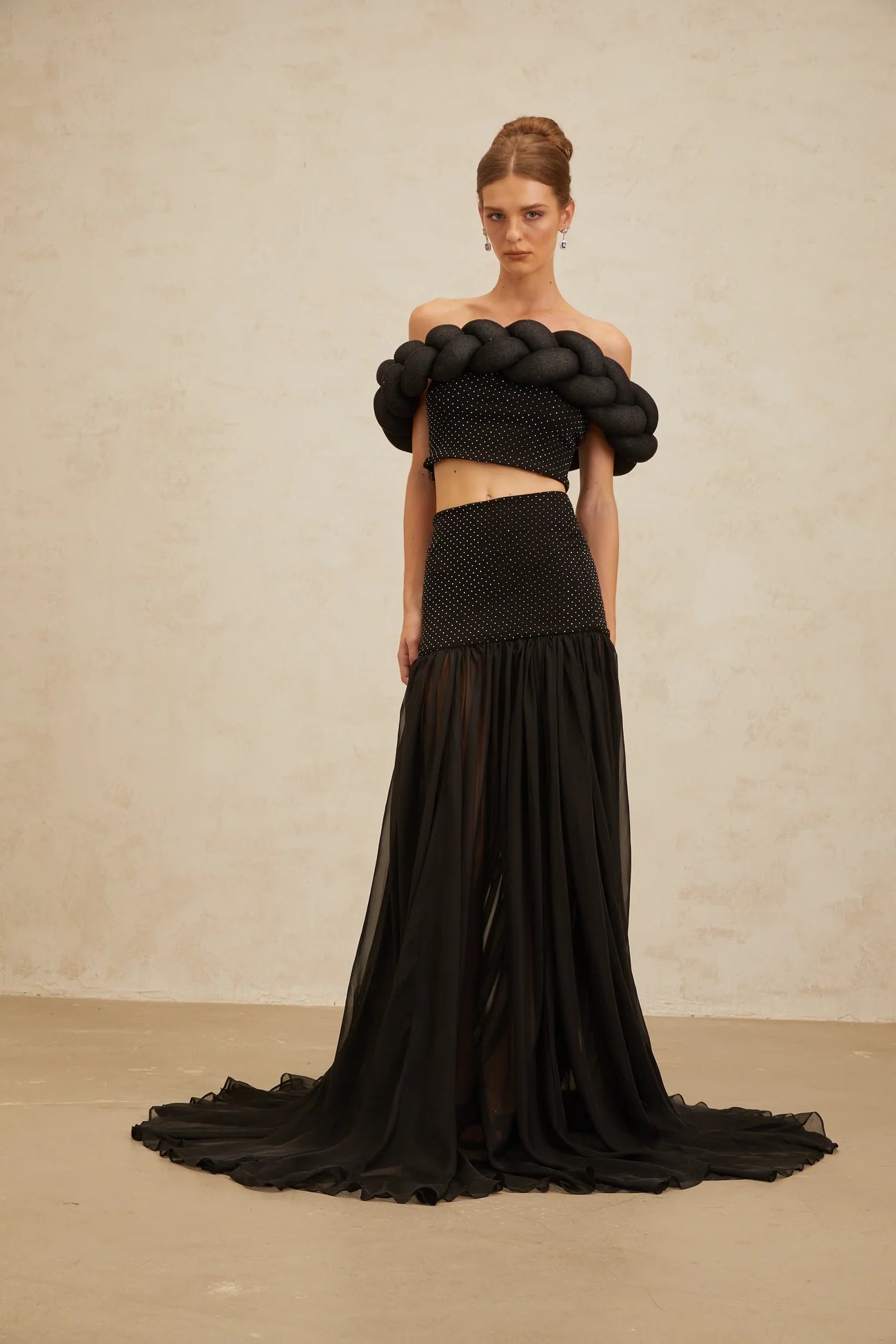 Camille Black Braid-Detail Rhinestone Embellished Crop Top