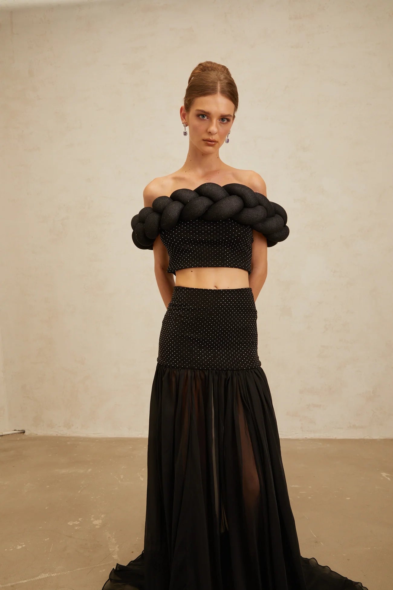 Camille Black Braid-Detail Rhinestone Embellished Crop Top