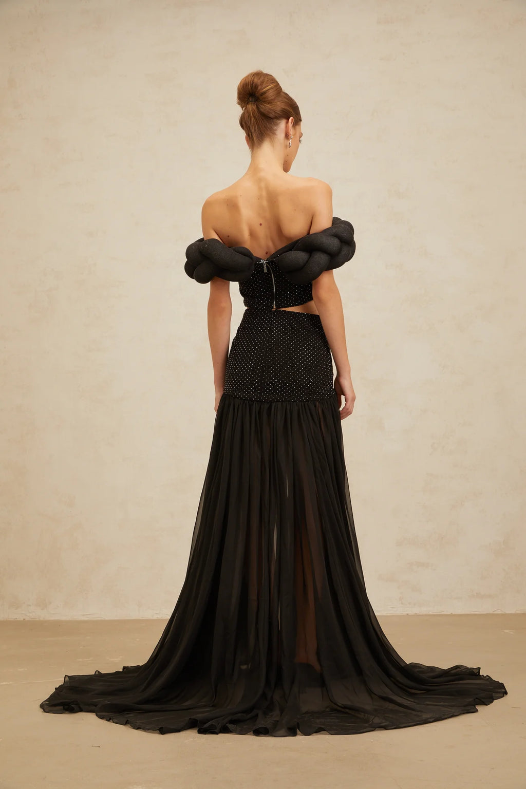 Camille Black Braid-Detail Rhinestone Embellished Crop Top