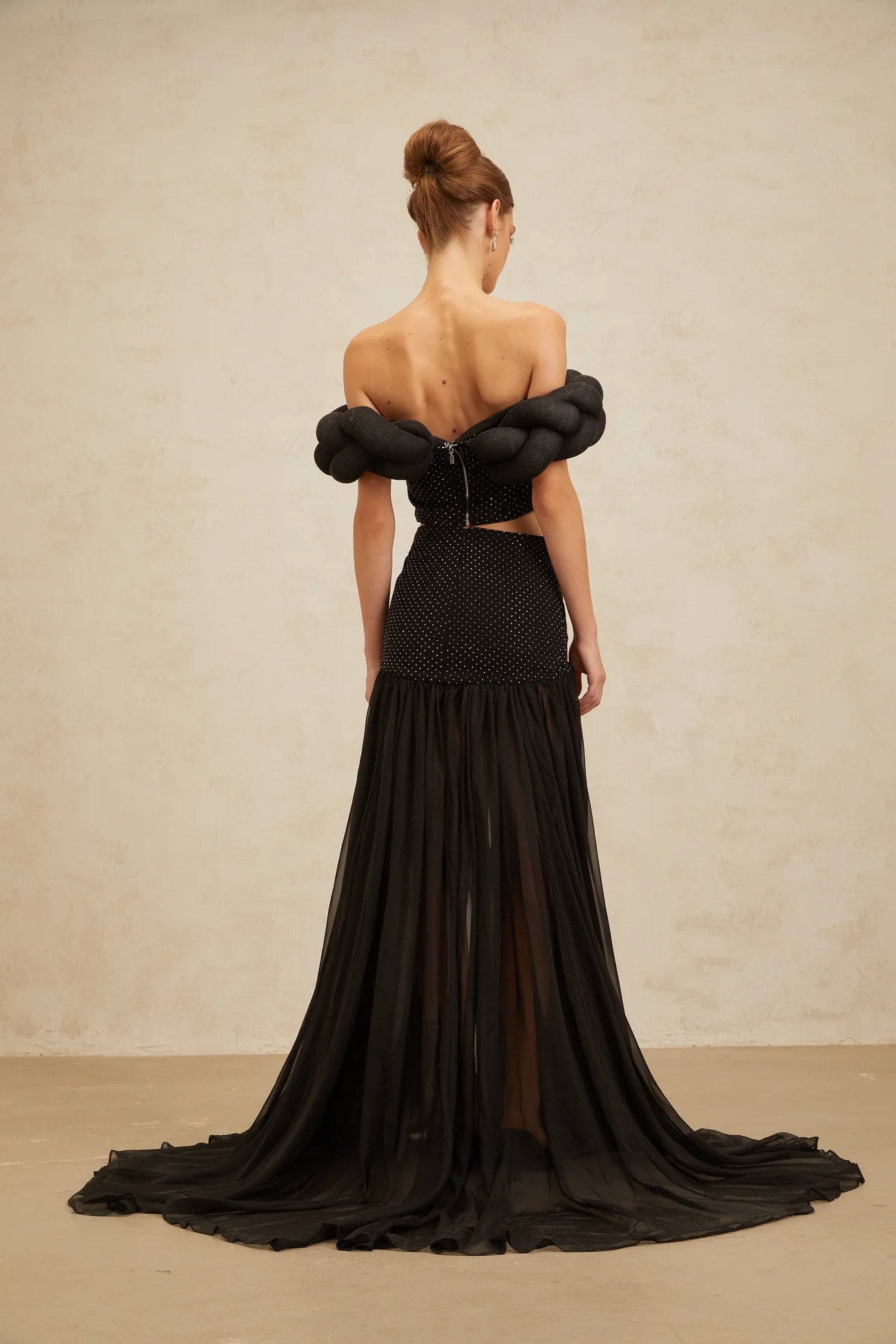 Camille Black Braid-Detail Rhinestone Embellished Crop Top