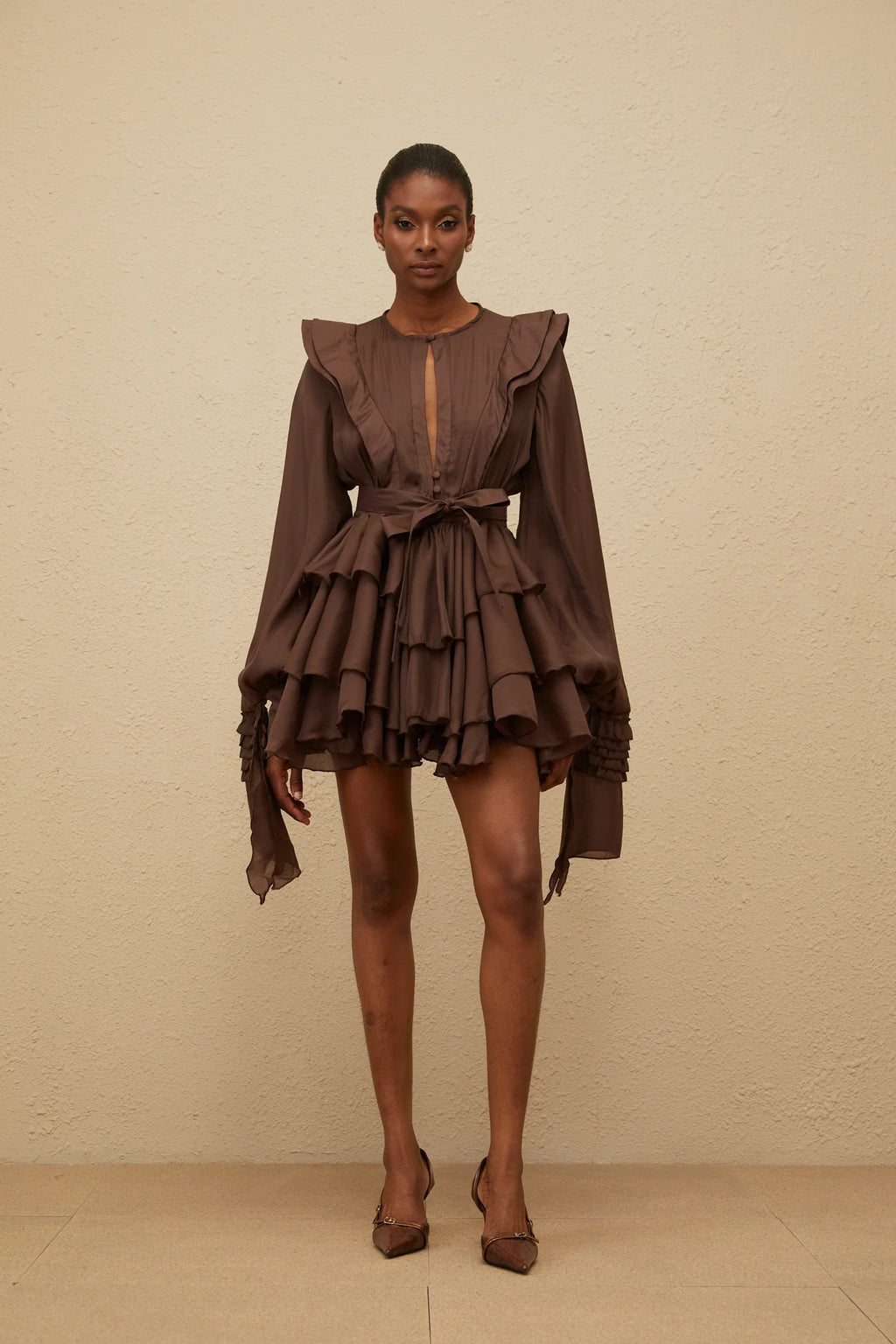 Annabelle Brown Cutout Ruffled Mini Dress