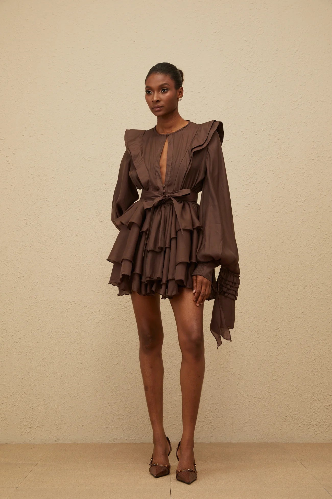 Annabelle Brown Cutout Ruffled Mini Dress