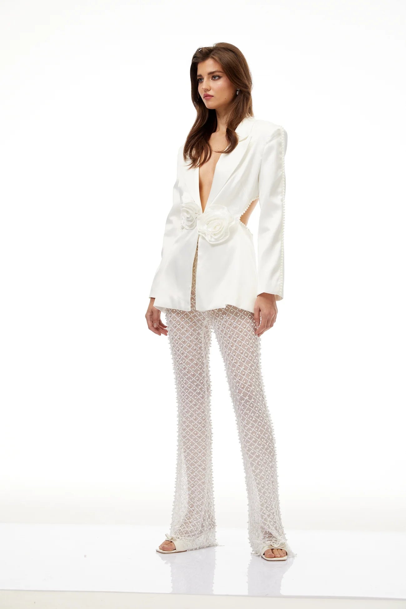 Aristița White Faux-Pearl Floral Blazer & Trousers Set