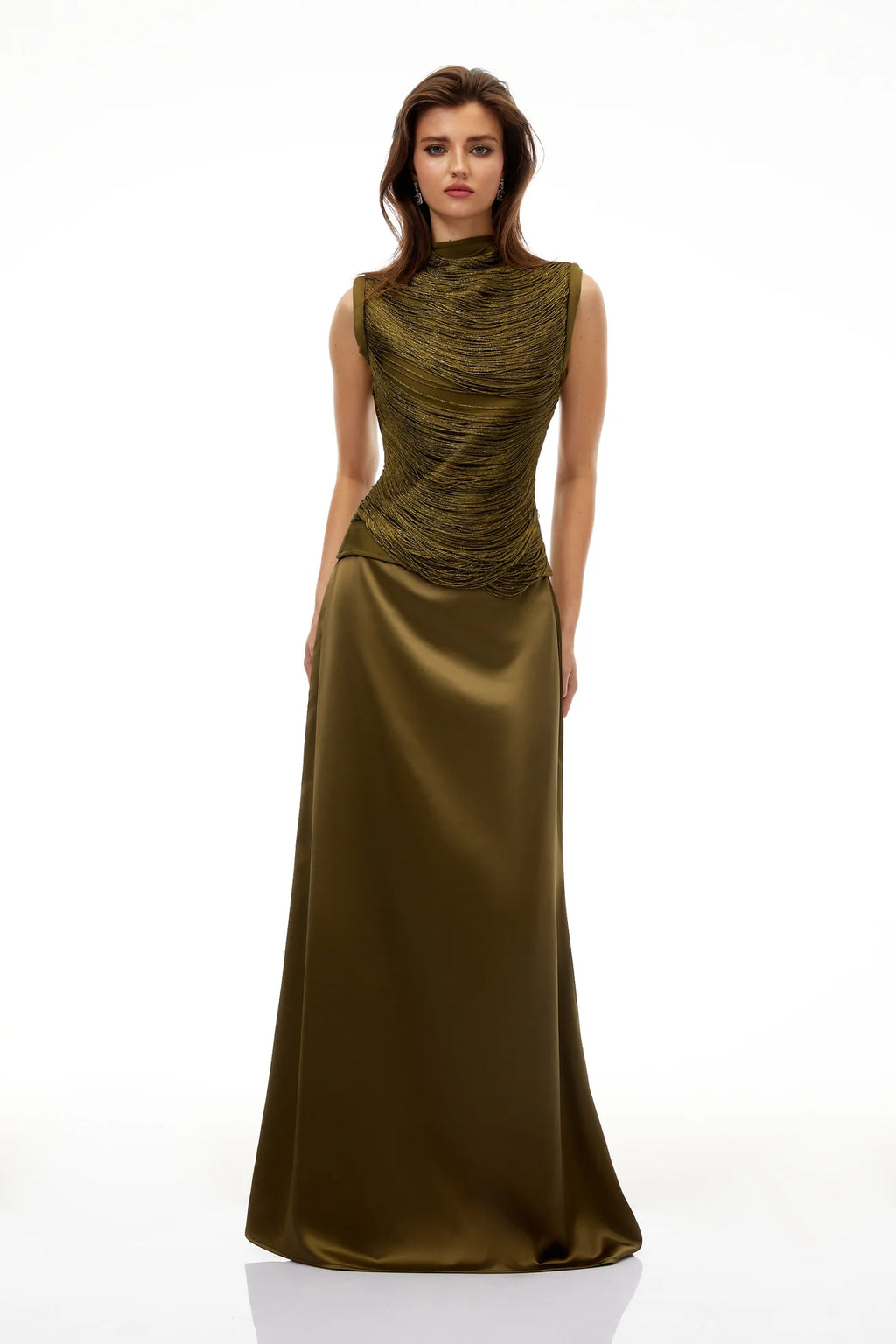 Borbála Green Fringed Top & Satin Skirt Set