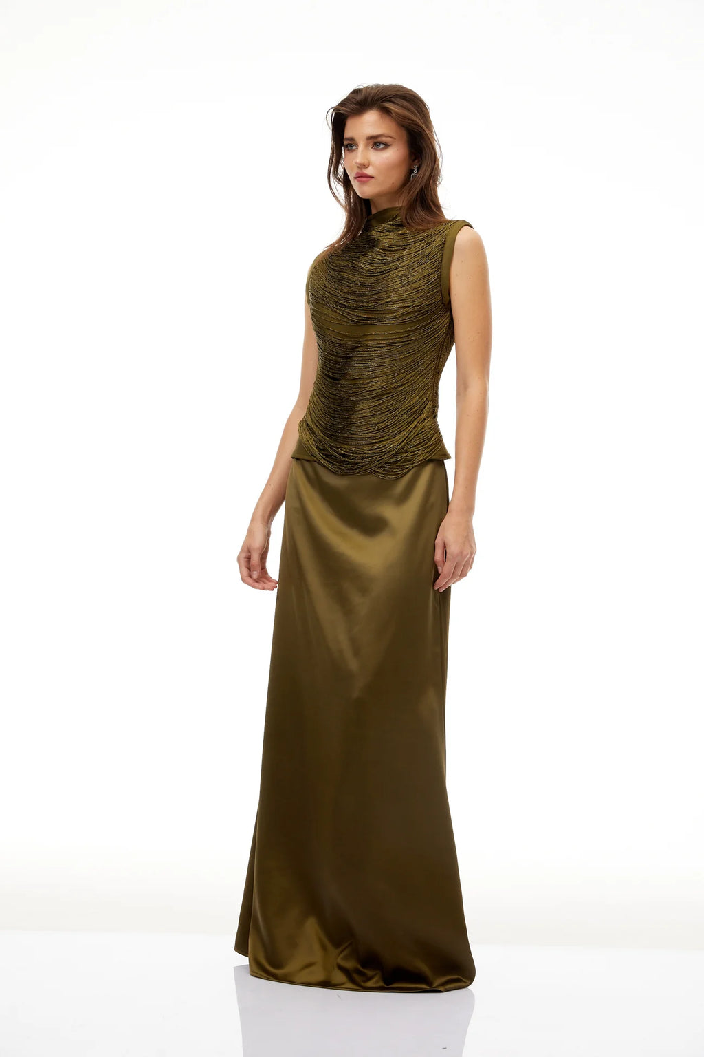 Borbála Green Fringed Top & Satin Skirt Set