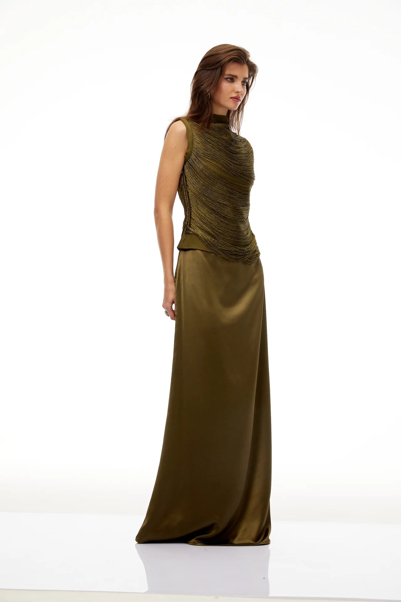 Borbála Green Fringed Top & Satin Skirt Set