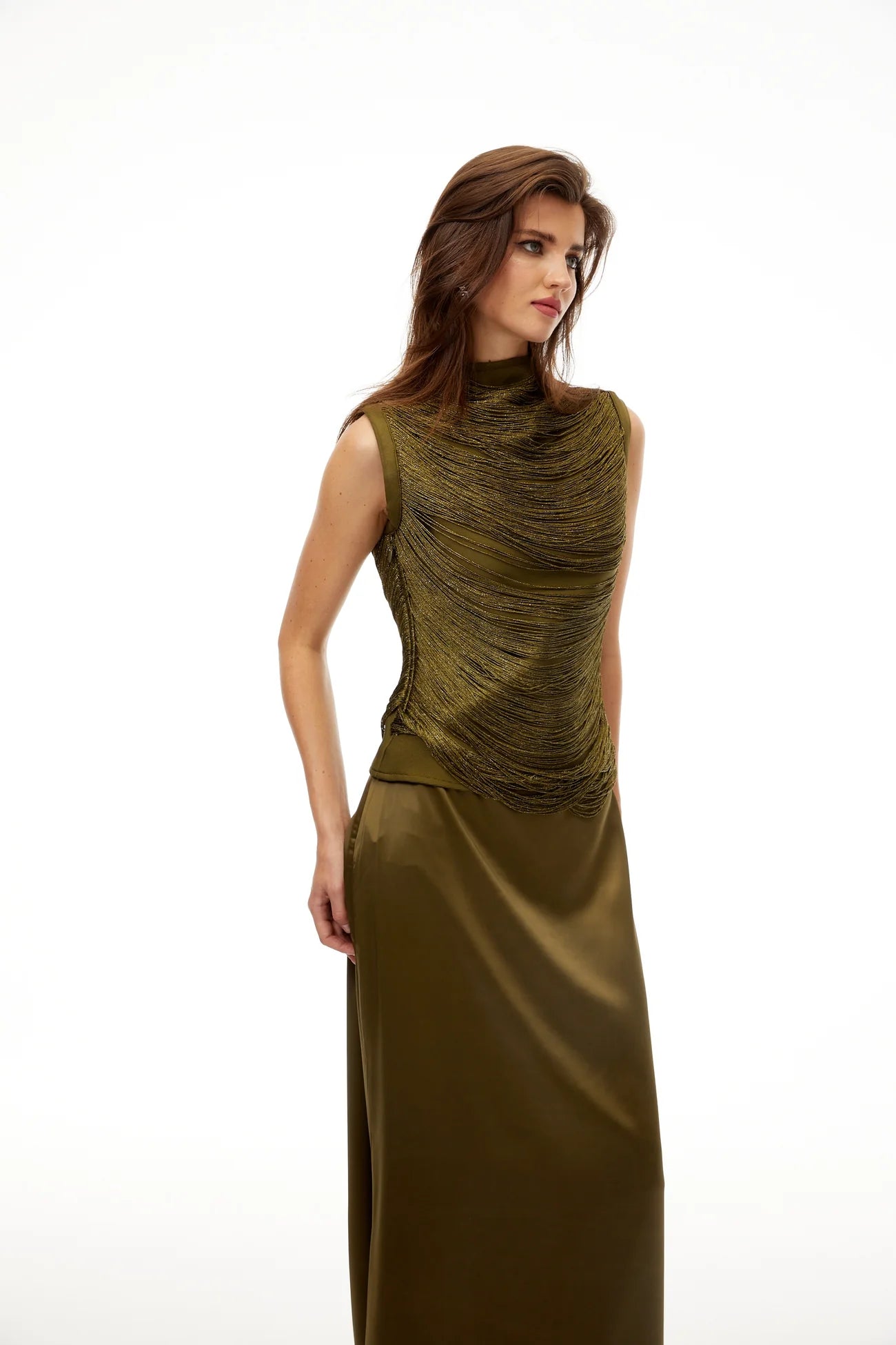 Borbála Green Fringed Top & Satin Skirt Set