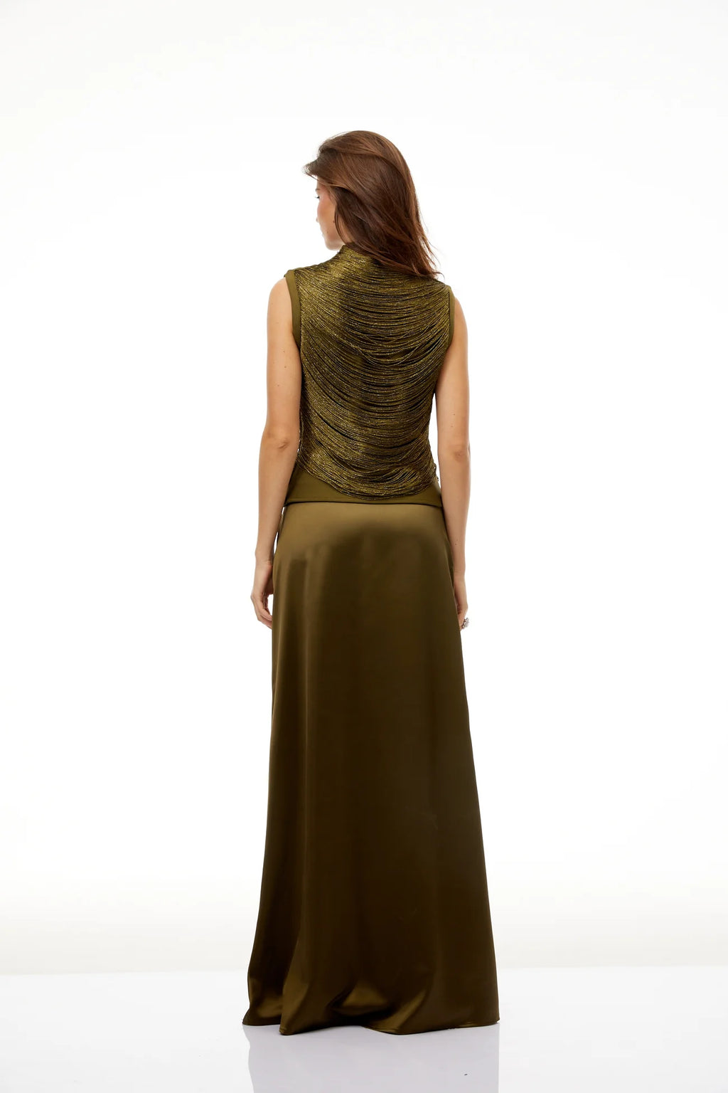 Borbála Green Fringed Top & Satin Skirt Set