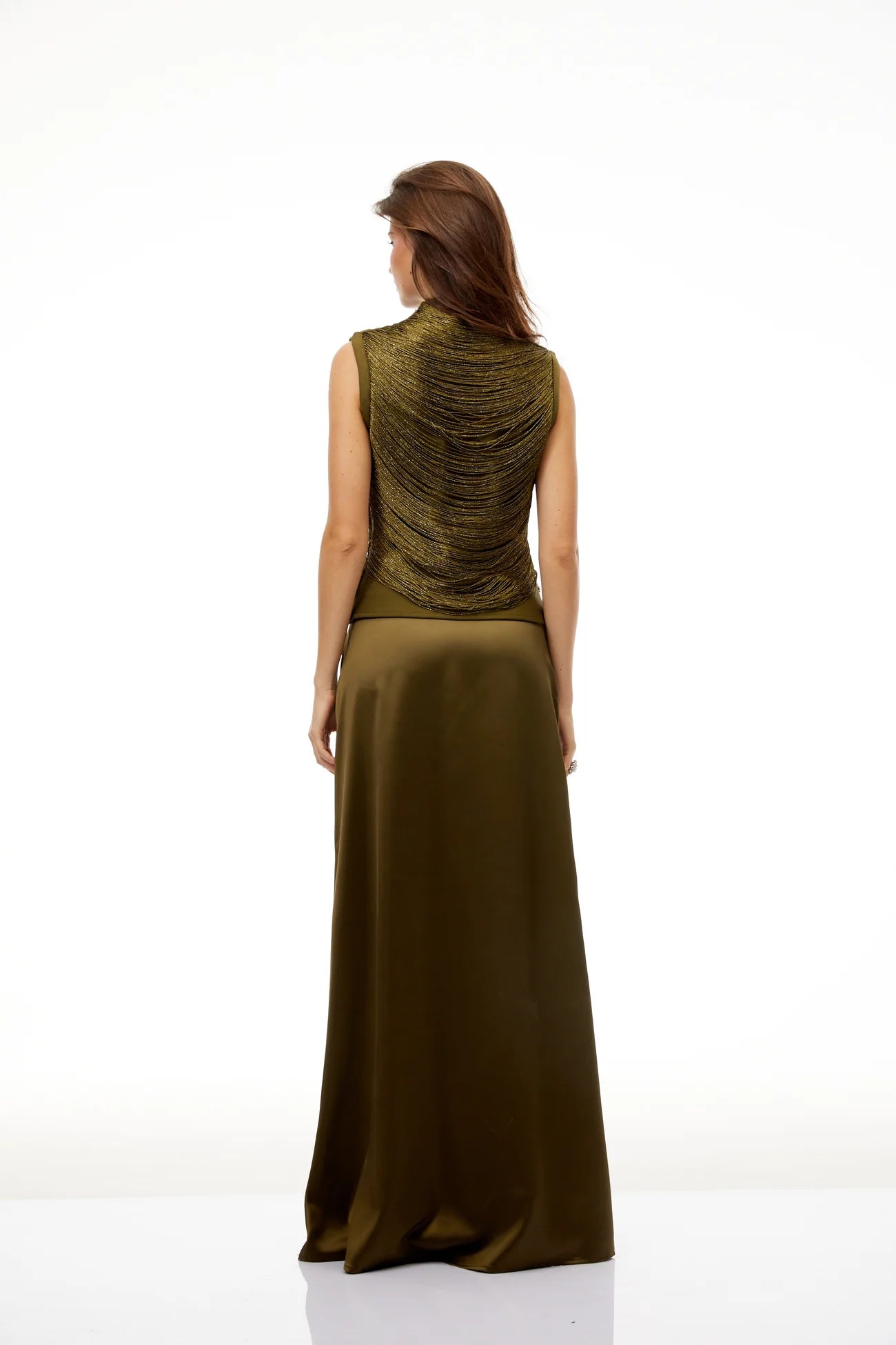 Borbála Green Fringed Top & Satin Skirt Set