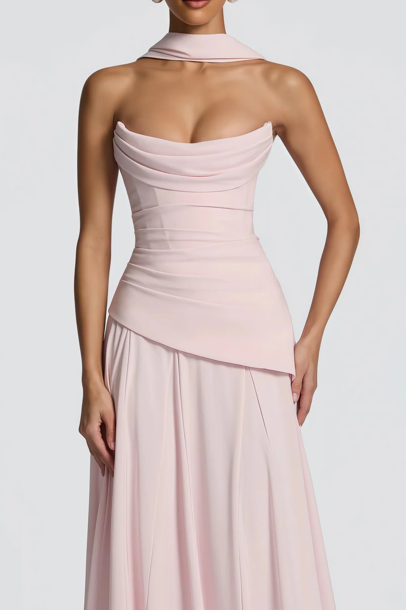 Romane Pink Strapless Corset Chiffon Maxi Dress