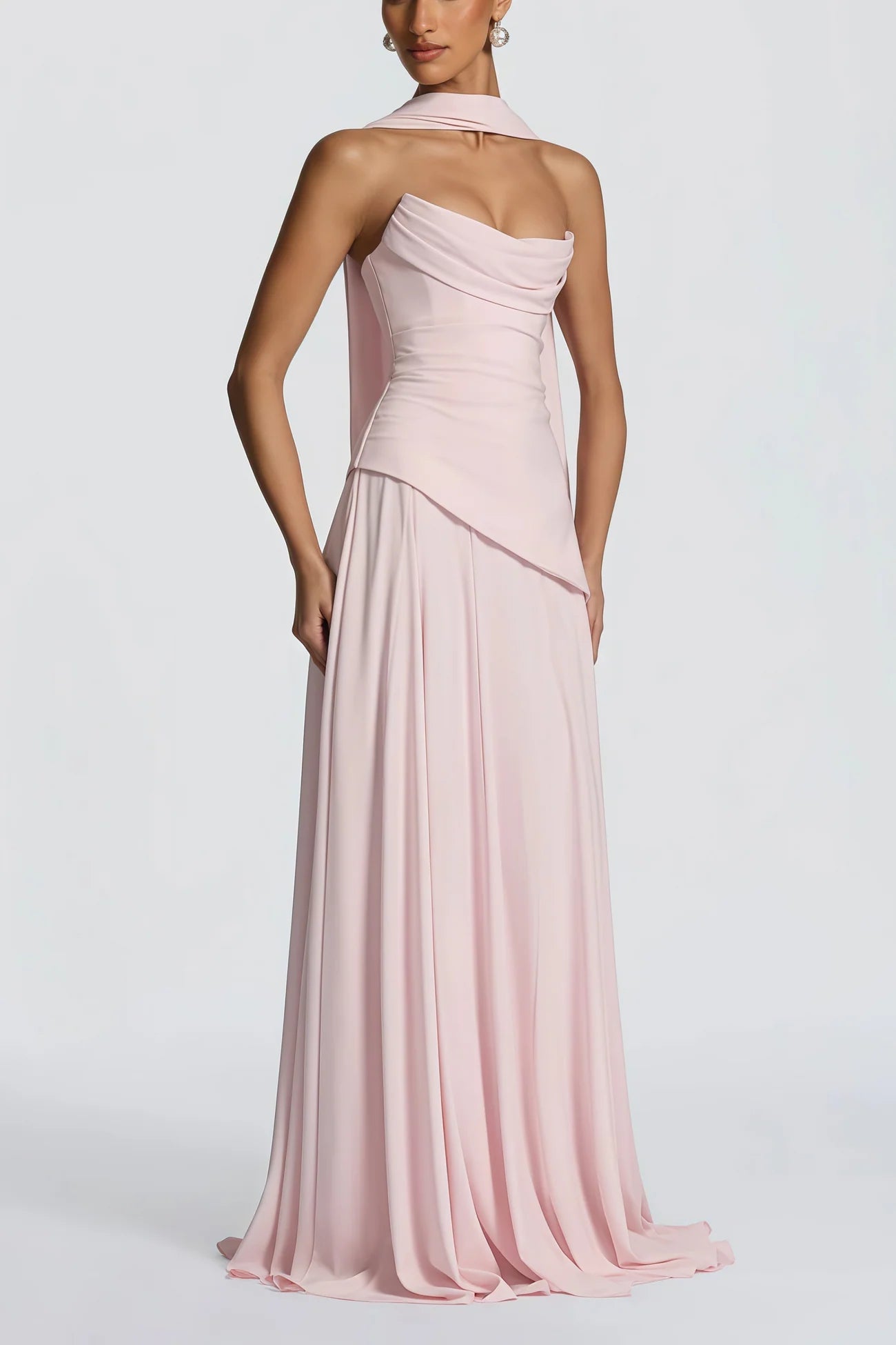 Romane Pink Strapless Corset Chiffon Maxi Dress