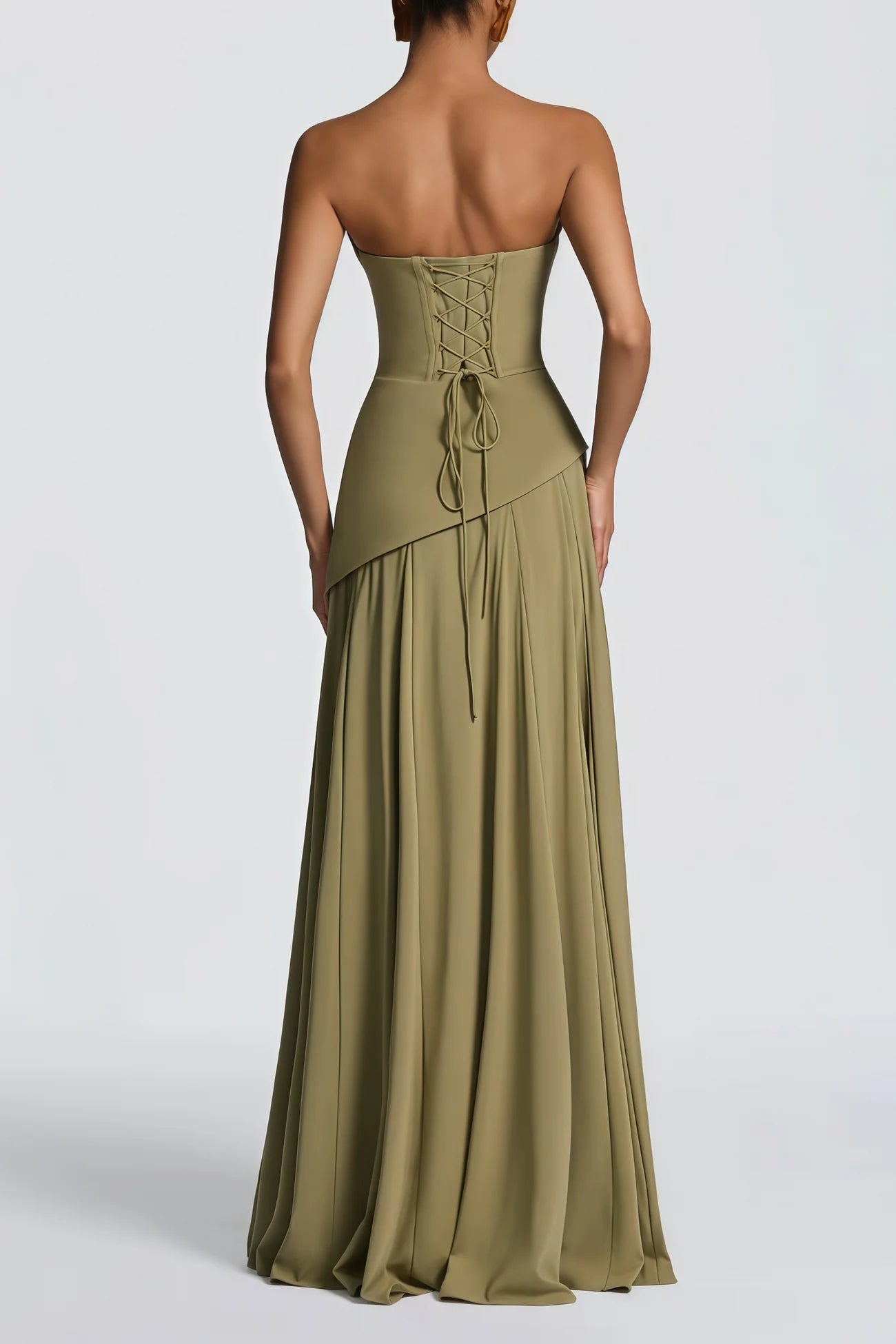 Romane Green Strapless Corset Chiffon Maxi Dress