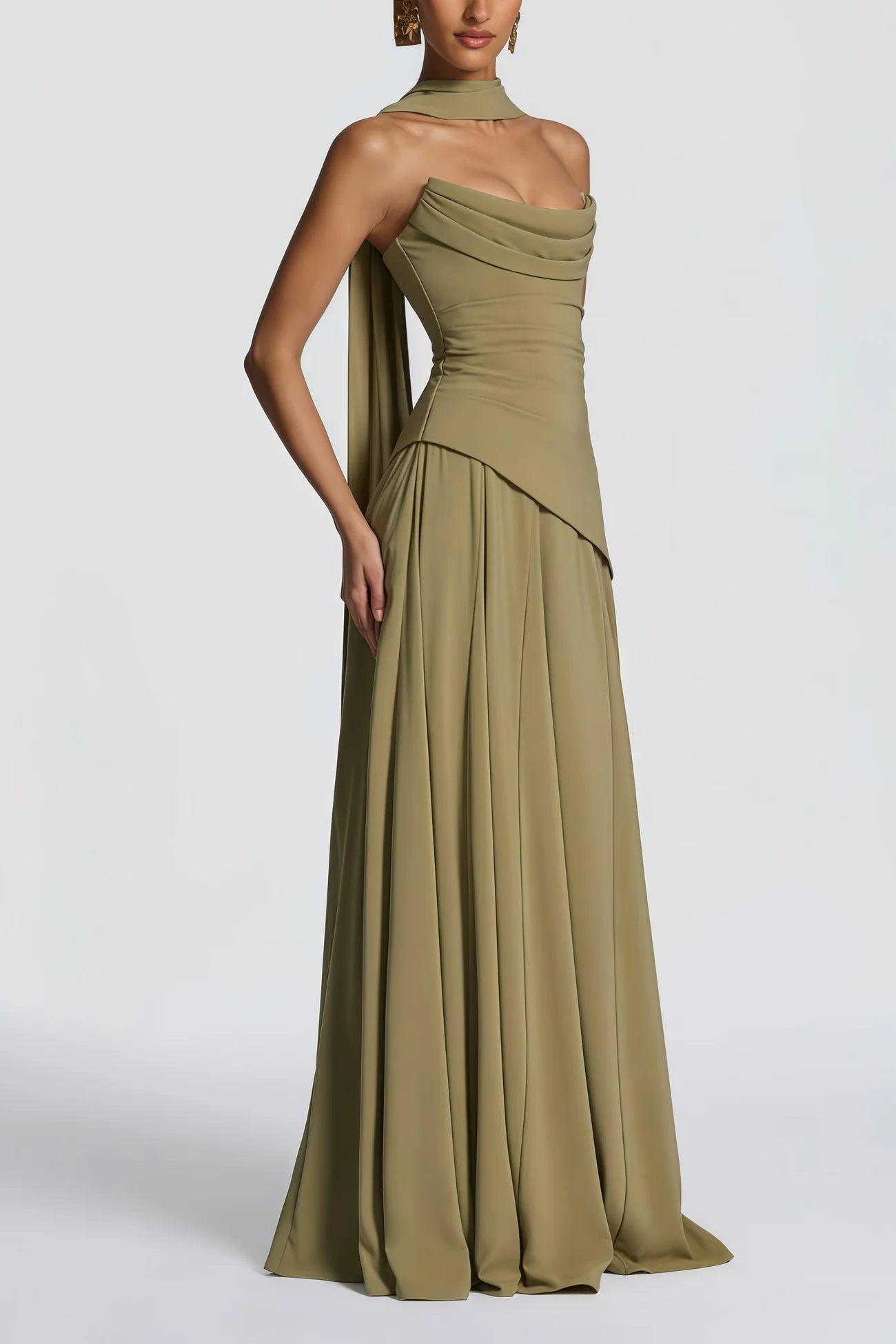 Romane Green Strapless Corset Chiffon Maxi Dress