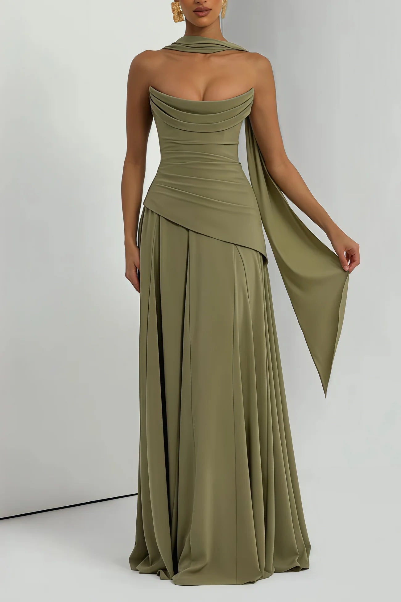 Romane Green Strapless Corset Chiffon Maxi Dress