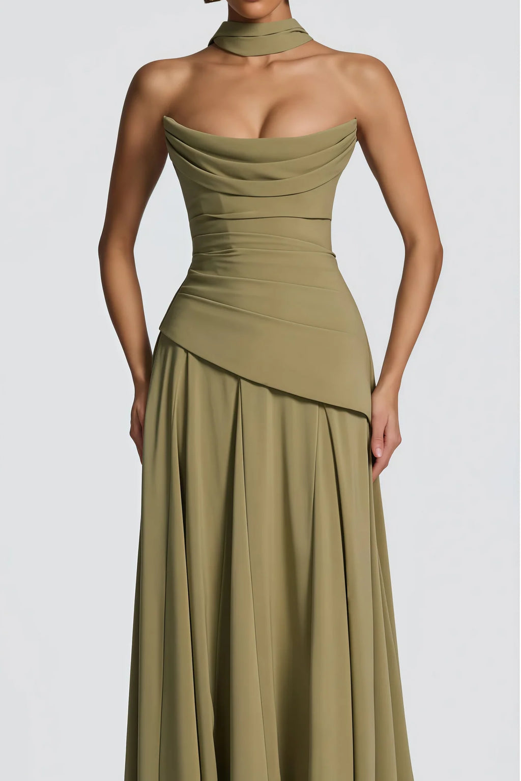 Romane Green Strapless Corset Chiffon Maxi Dress