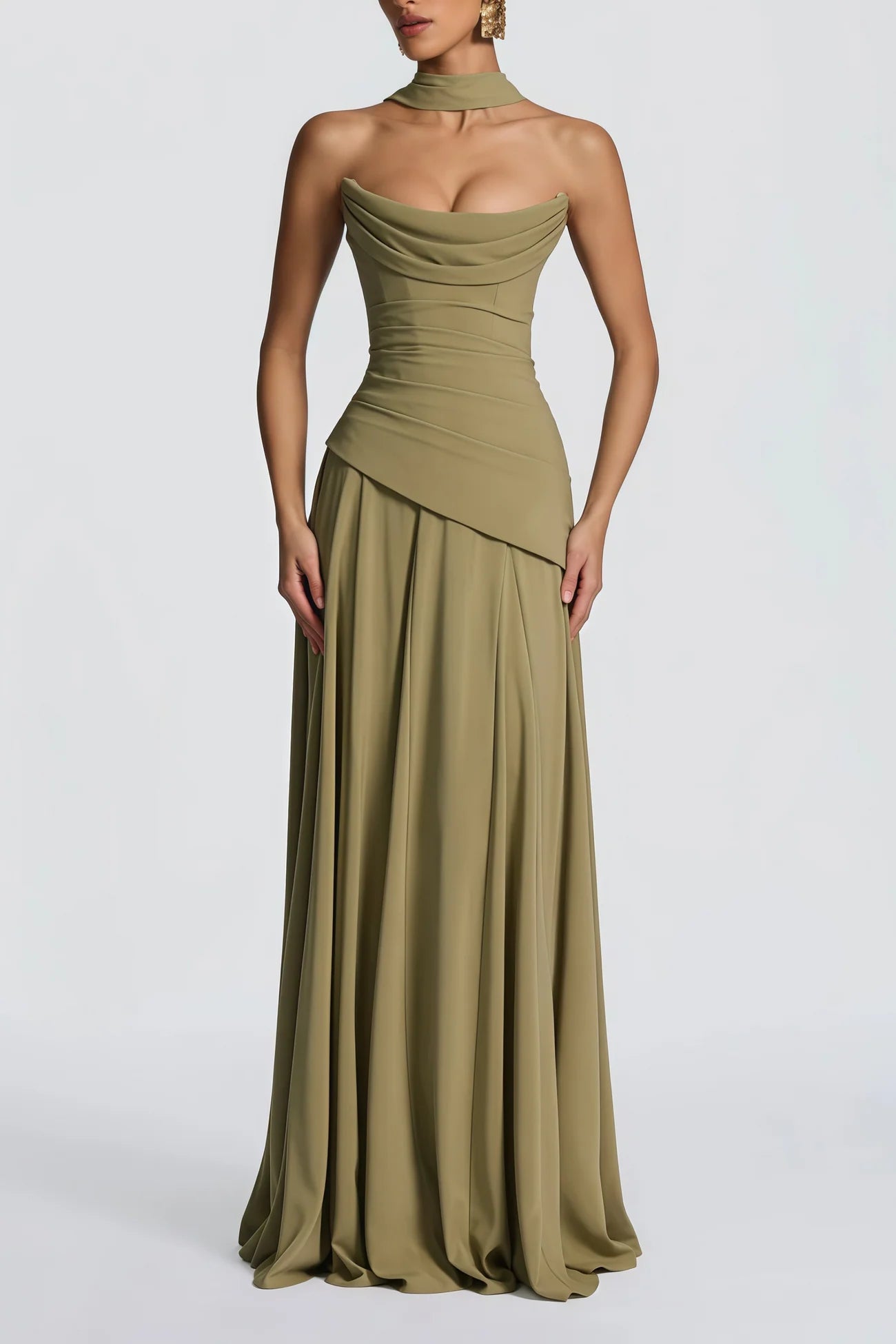 Romane Green Strapless Corset Chiffon Maxi Dress