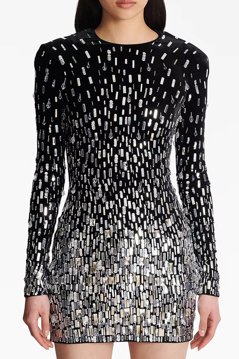 Long Sleeve Crystal Sequin Velvet Dress