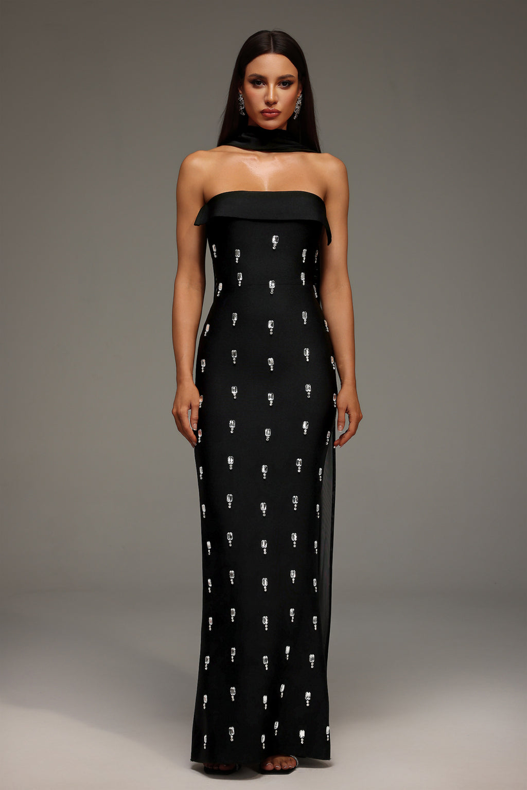 Strapless Crystal Detail Scarf Maxi Dress Black