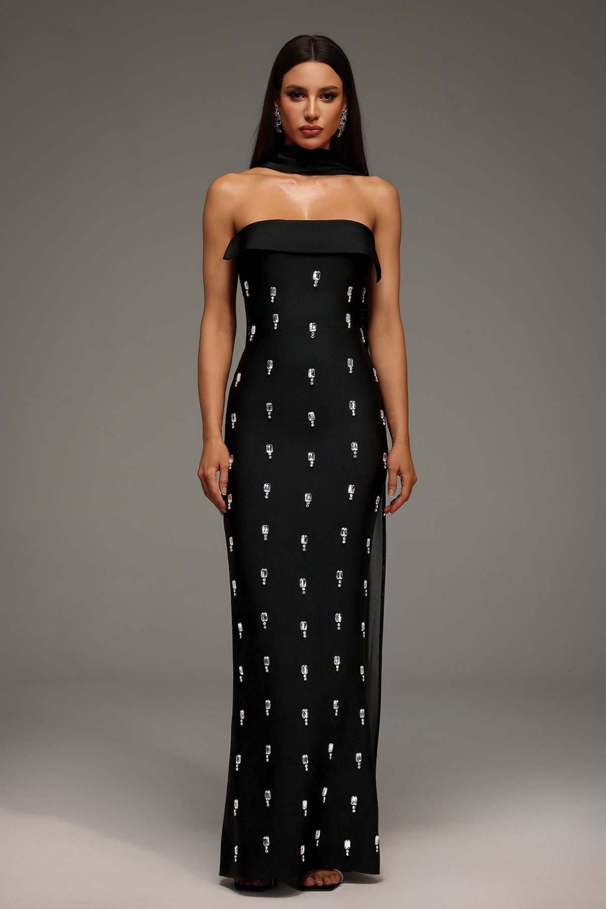Strapless Crystal Detail Scarf Maxi Dress Black