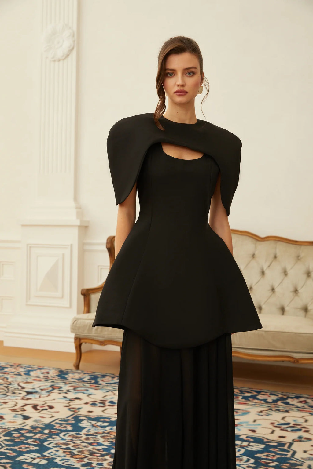 Auriane Black Layered Cape Sculptural Maxi Dress Set