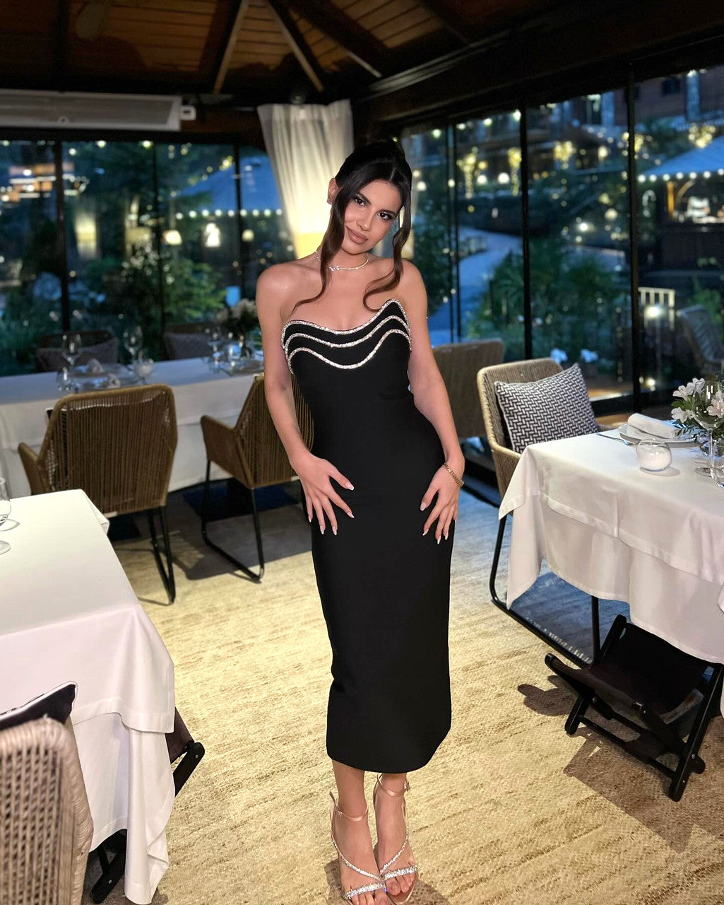 Strapless Crystal Trim Detail Midi Dress Black