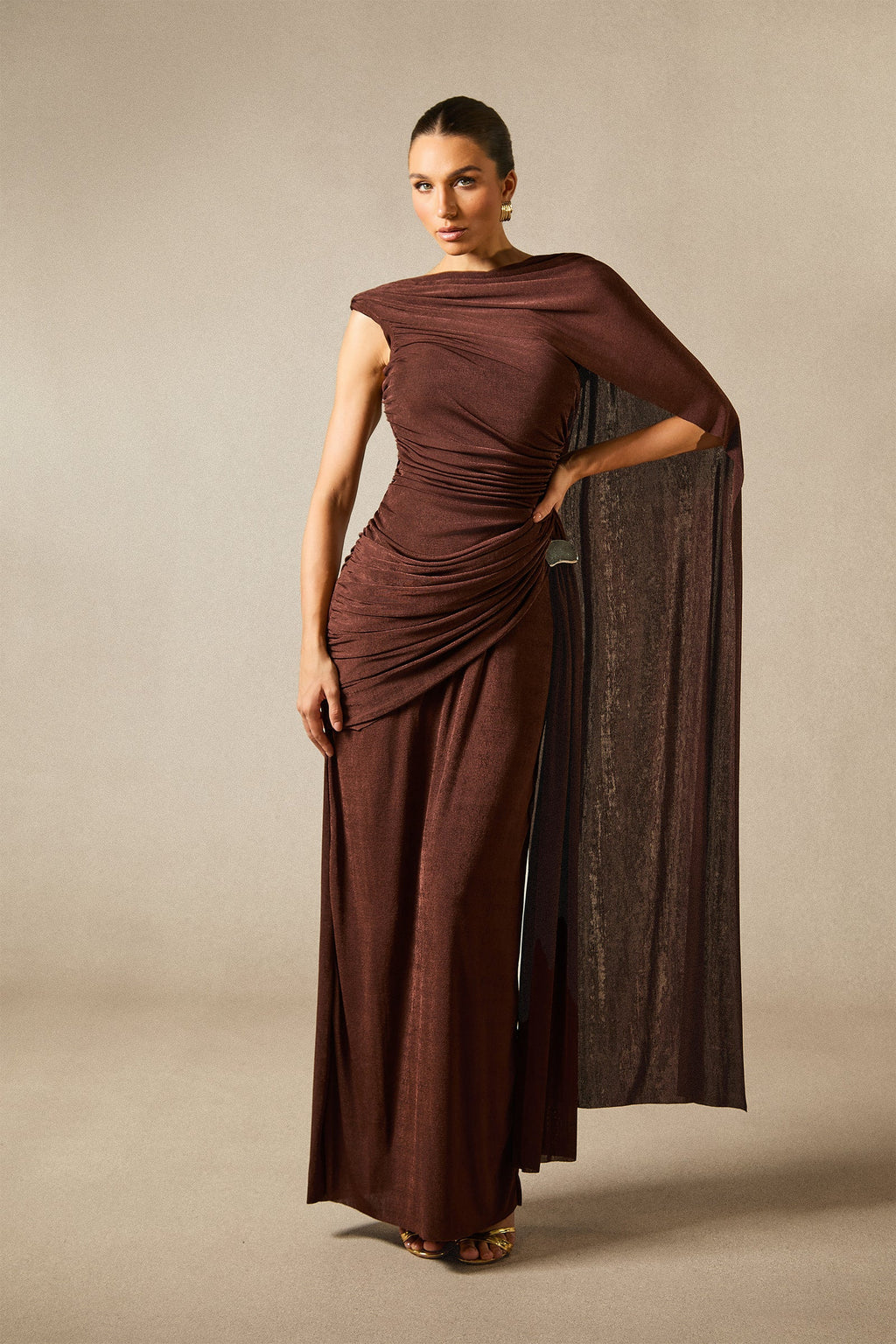Aubrie One Shoulder Draped Cape Long Dress