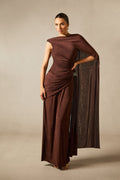 Aubrie One Shoulder Draped Cape Long Dress