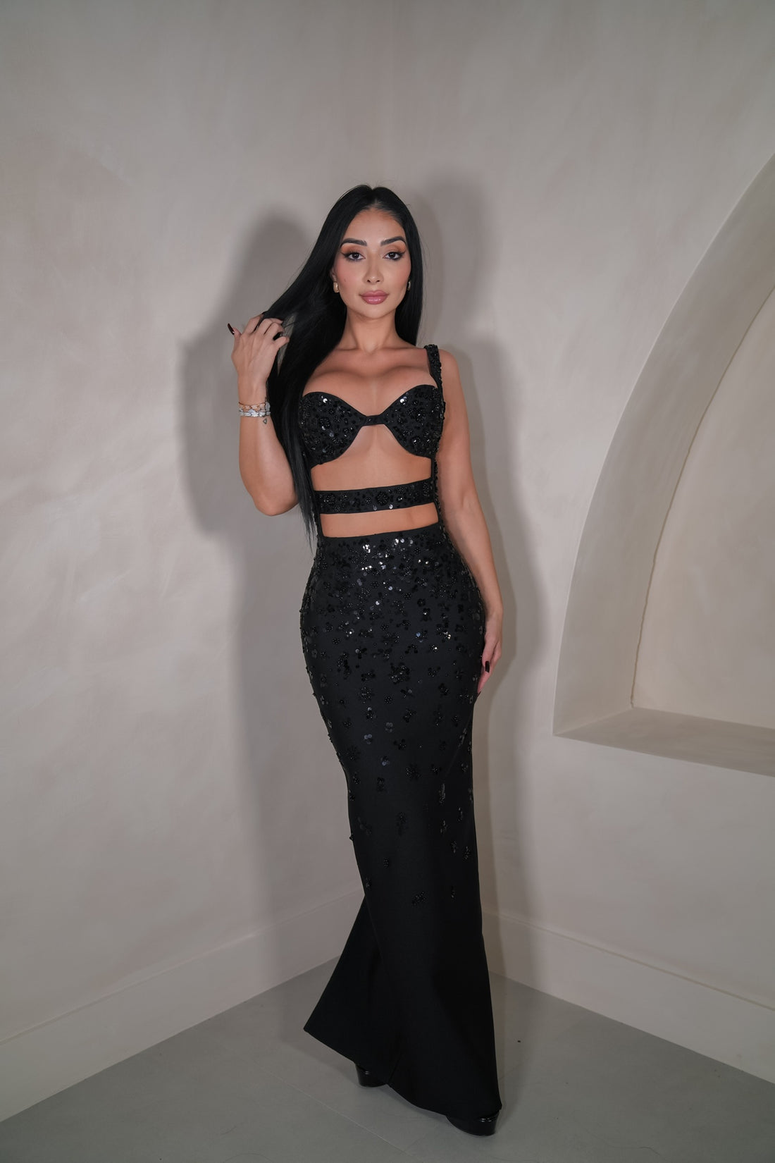 Dandeli Sequin Embellished Cutout Maxi Bandage Dress
