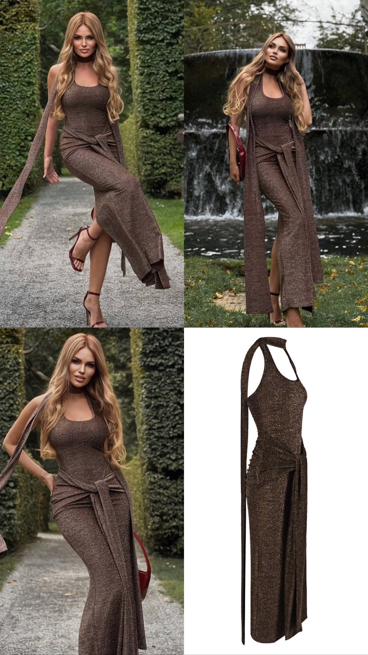 Halter Sparkly Maxi Dress Brown