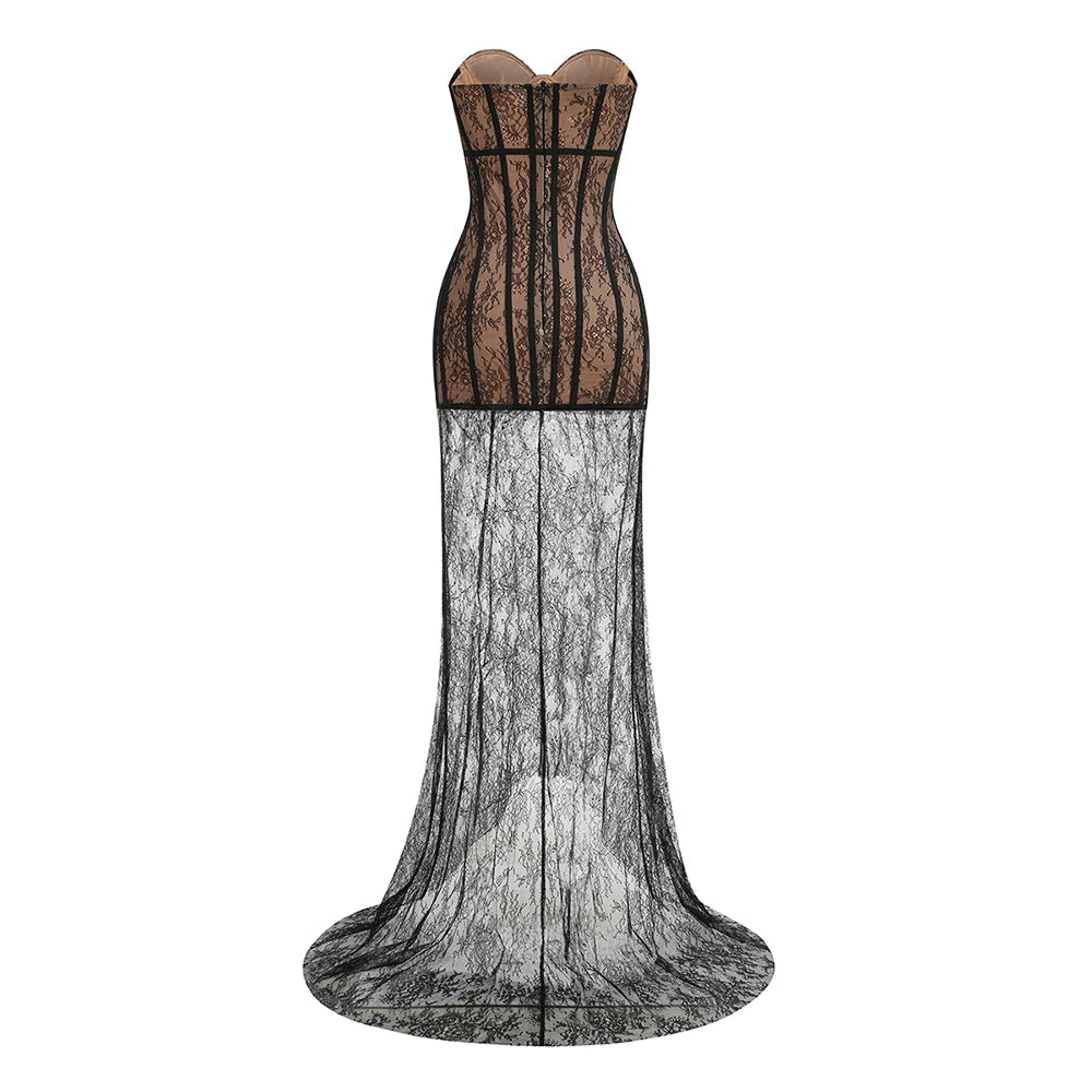 Strapless Lace Insert Maxi Dress Black