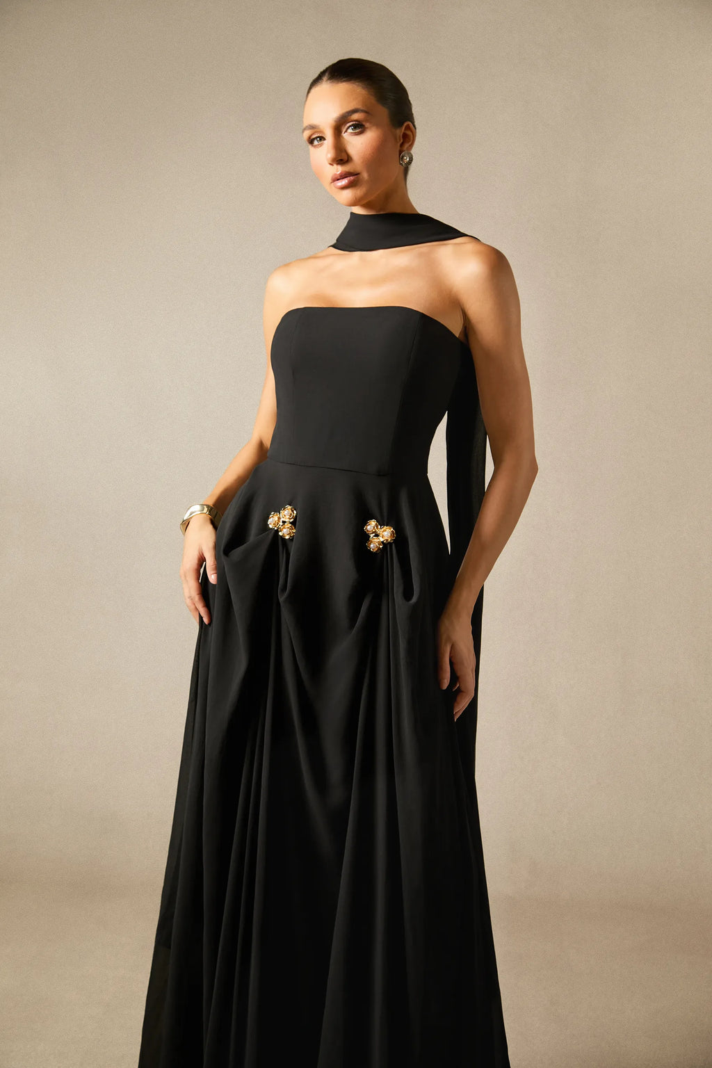 Sarah Strapless Floral Detail Maxi Dress with Scarf