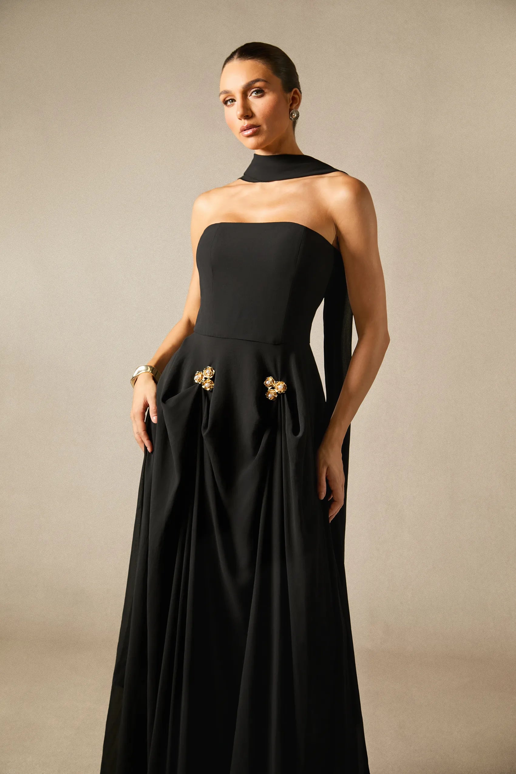 Sarah Strapless Floral Detail Maxi Dress with Scarf