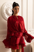 DRAPED LONG-SLEEVED DRESS WITH MINI SKIRT AND RUCHED WAISTBAND - RED
