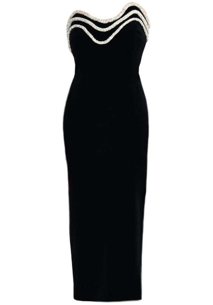 Strapless Crystal Trim Detail Midi Dress Black