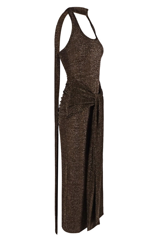 Halter Sparkly Maxi Dress Brown