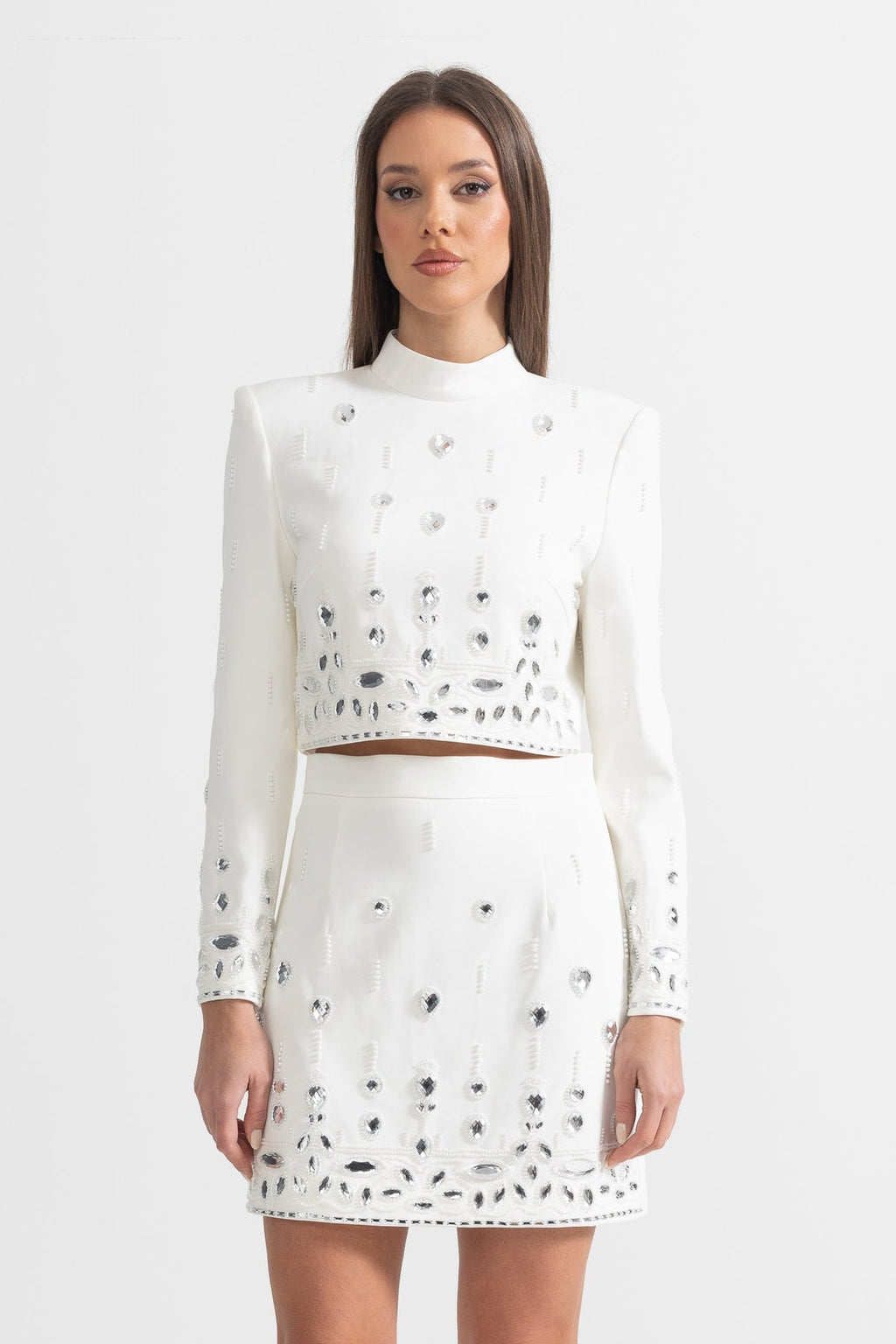 Beaded Biamond Cropped Top And skirt Suit