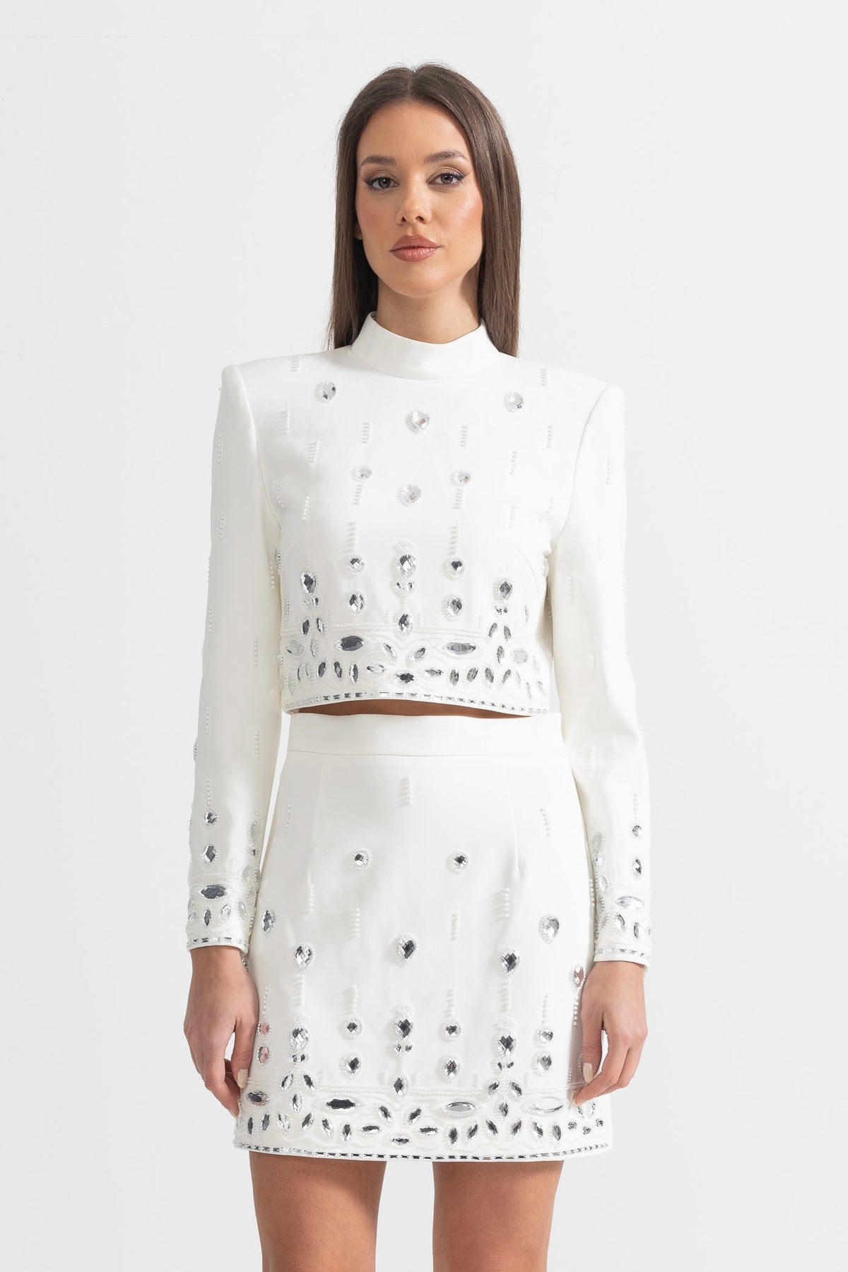 Beaded Biamond Cropped Top And skirt Suit