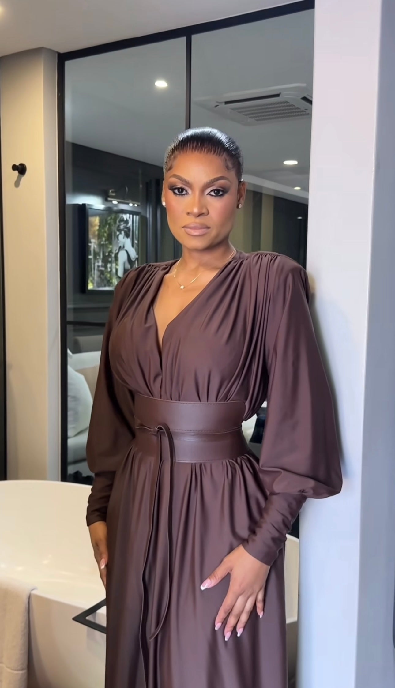 Renata Plunge Long Sleeve Maxi Dress