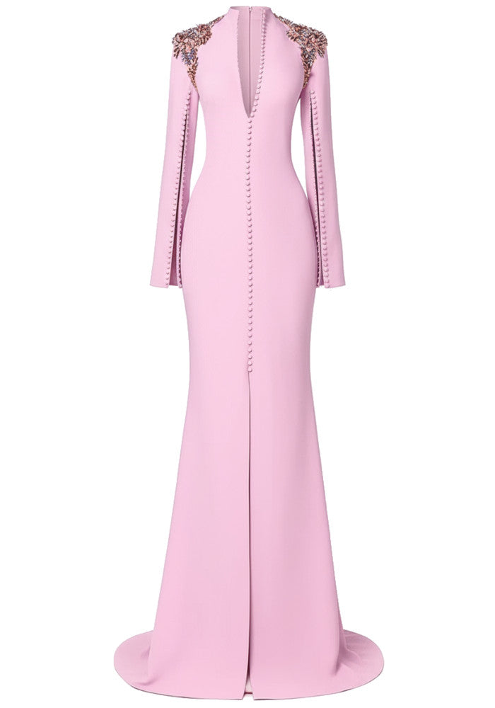 Long Sleeve Crystal Shoulders A Line Maxi Dress Pink