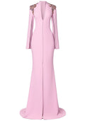 Long Sleeve Crystal Shoulders A Line Maxi Dress Pink