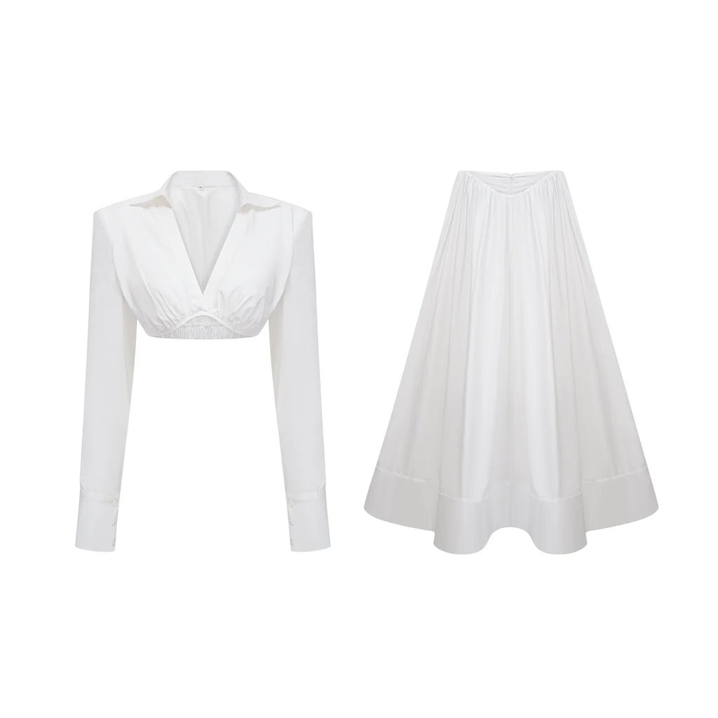 Caterina White Shirred Shirt & Skirt Set