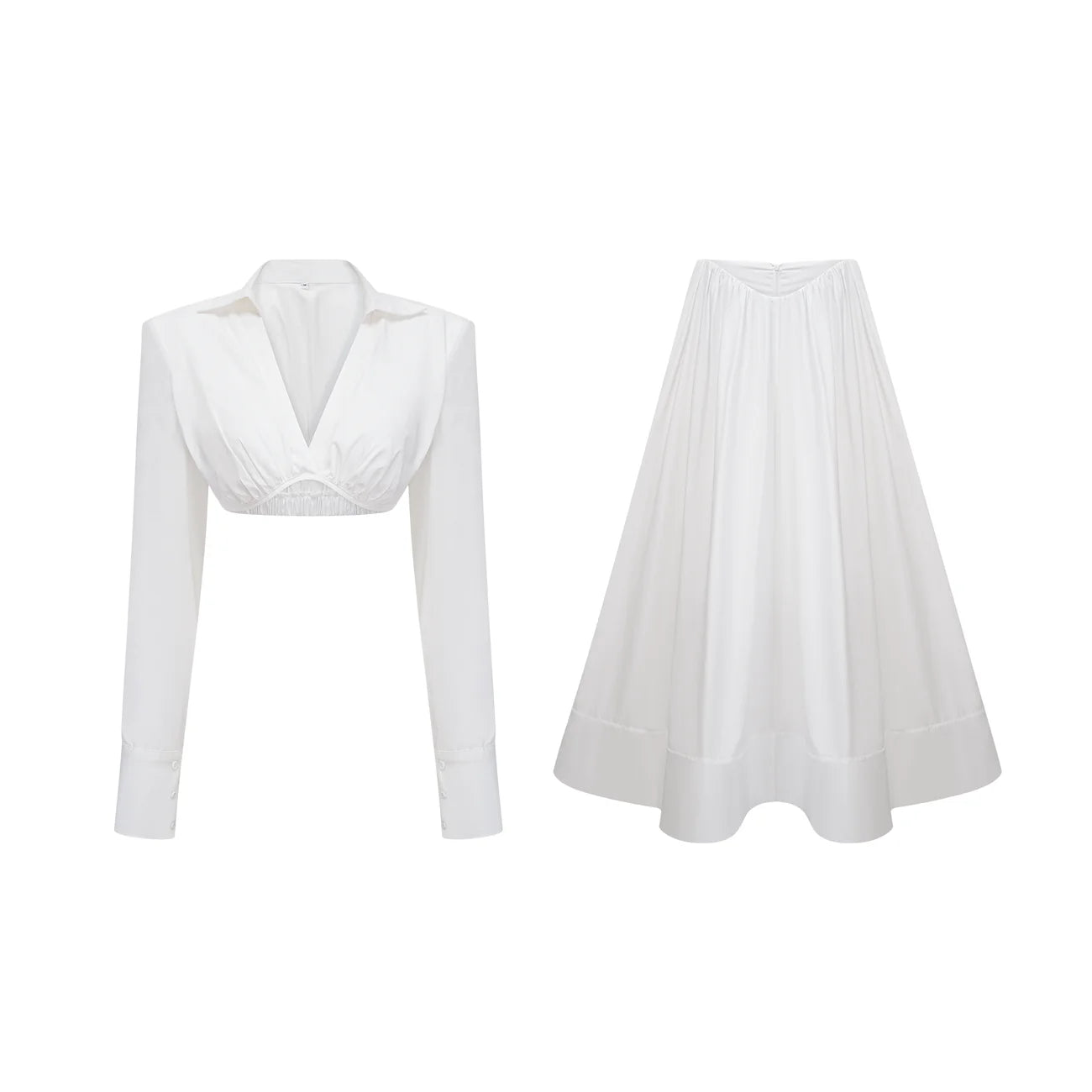 Caterina White Shirred Shirt & Skirt Set