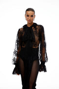 Quintine Black Ribbon Tie-Neck Floral Lace Blouse