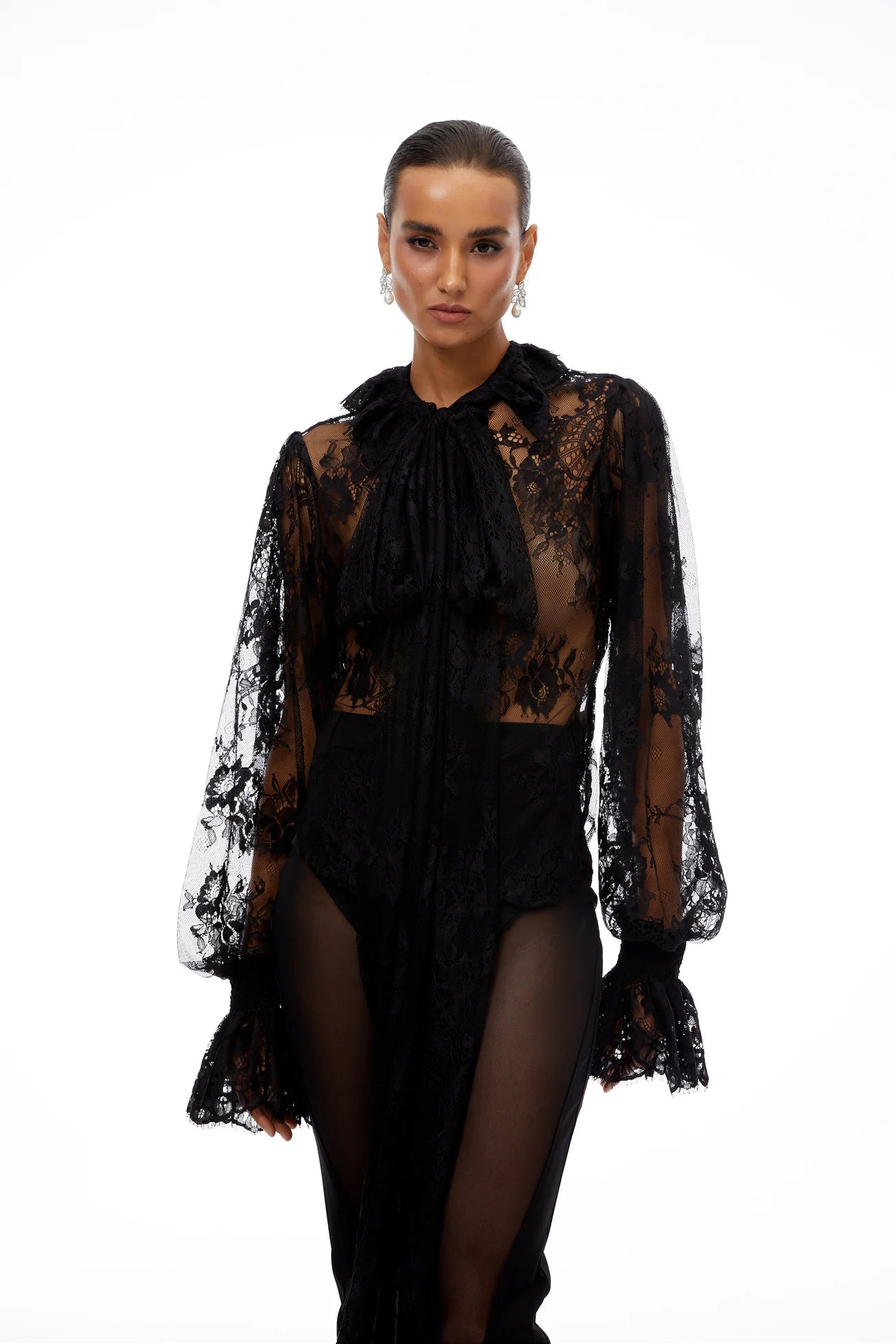 Quintine Black Ribbon Tie-Neck Floral Lace Blouse
