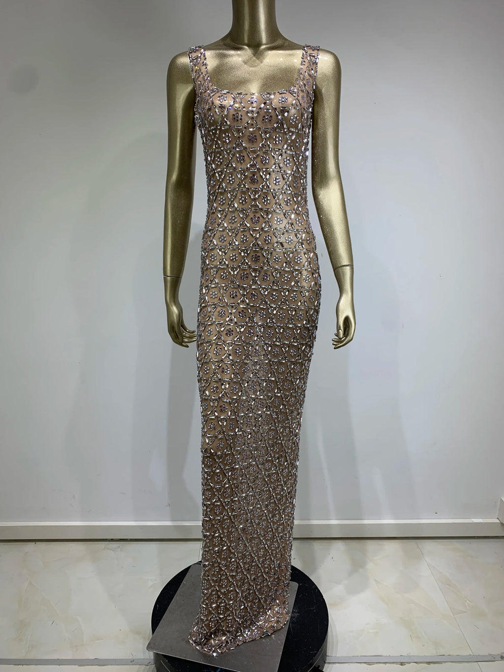 Crystal-Diamond Sheath Maxi Dress