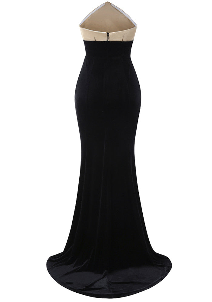 Strapless Mermaid Maxi Velvet Dress Black Ivory