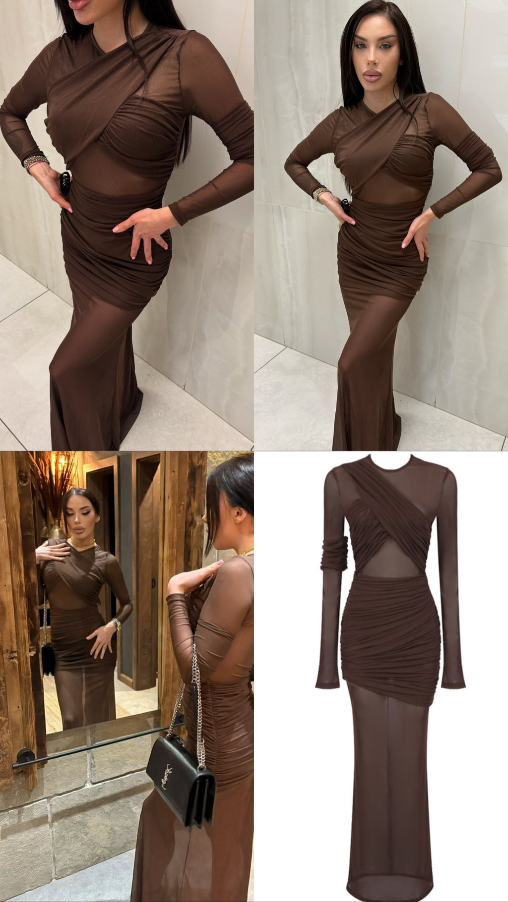 Long Sleeve Mesh Insert Draped Maxi Dress Brown