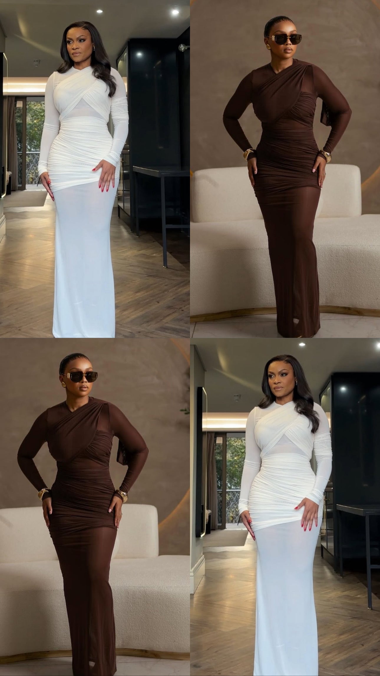 Long Sleeve Mesh Insert Draped Maxi Dress Brown