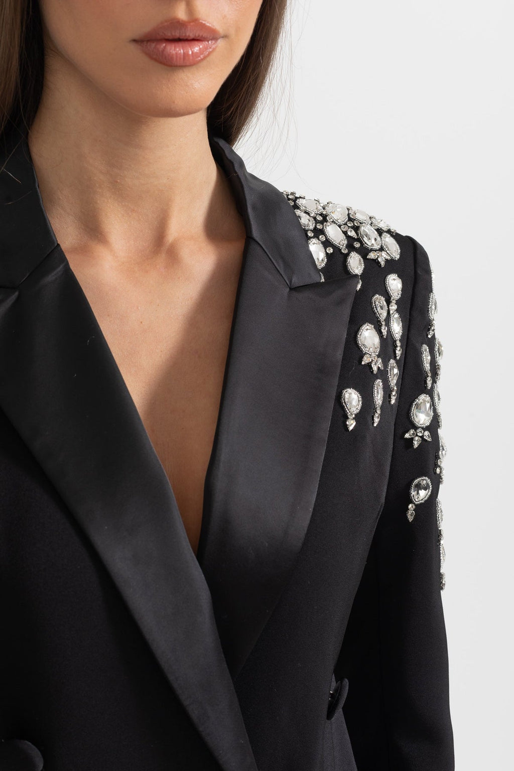 ELEGANT BLAZER WITH DIAMOND EMBELLISHED SHOULDERS - BLACK